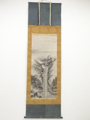 江戸時代前期頃　狩野派　水墨滝山水　肉筆紙本掛軸（二重箱）